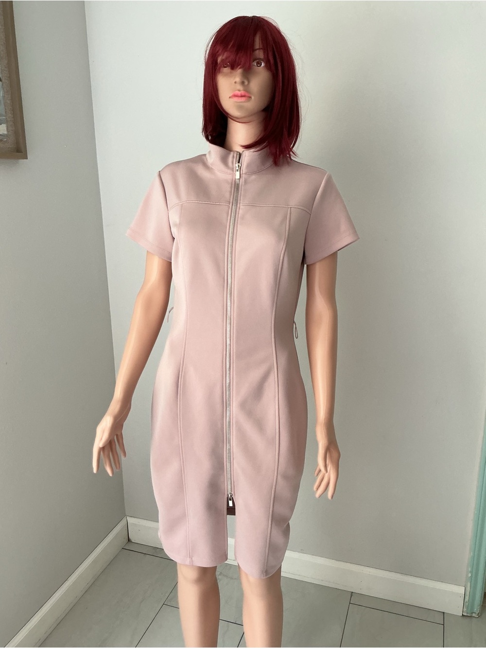 Kate and Lily Zip-Front Short Sleeve Midi Dress in Dusty Pink